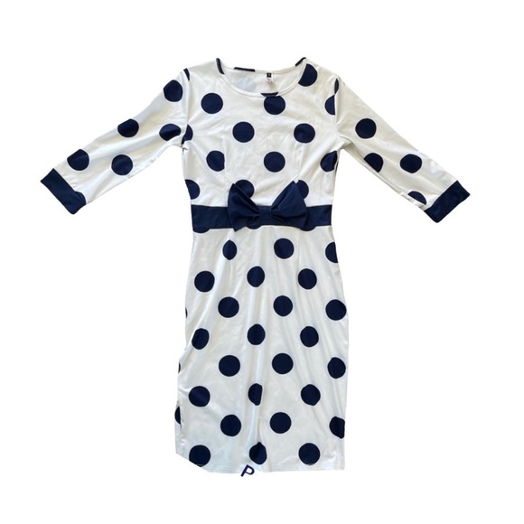 elfin Dresses & Skirts - ELFIN White And Blue Polka Dot 50s Style Long Sleeve Midi Pin Up Bow Dress